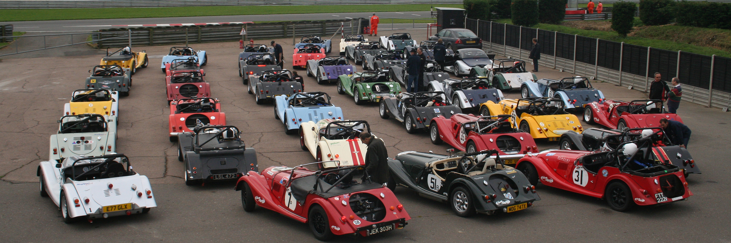 Morgan Challenge competitors in the collecting area at Snetterton